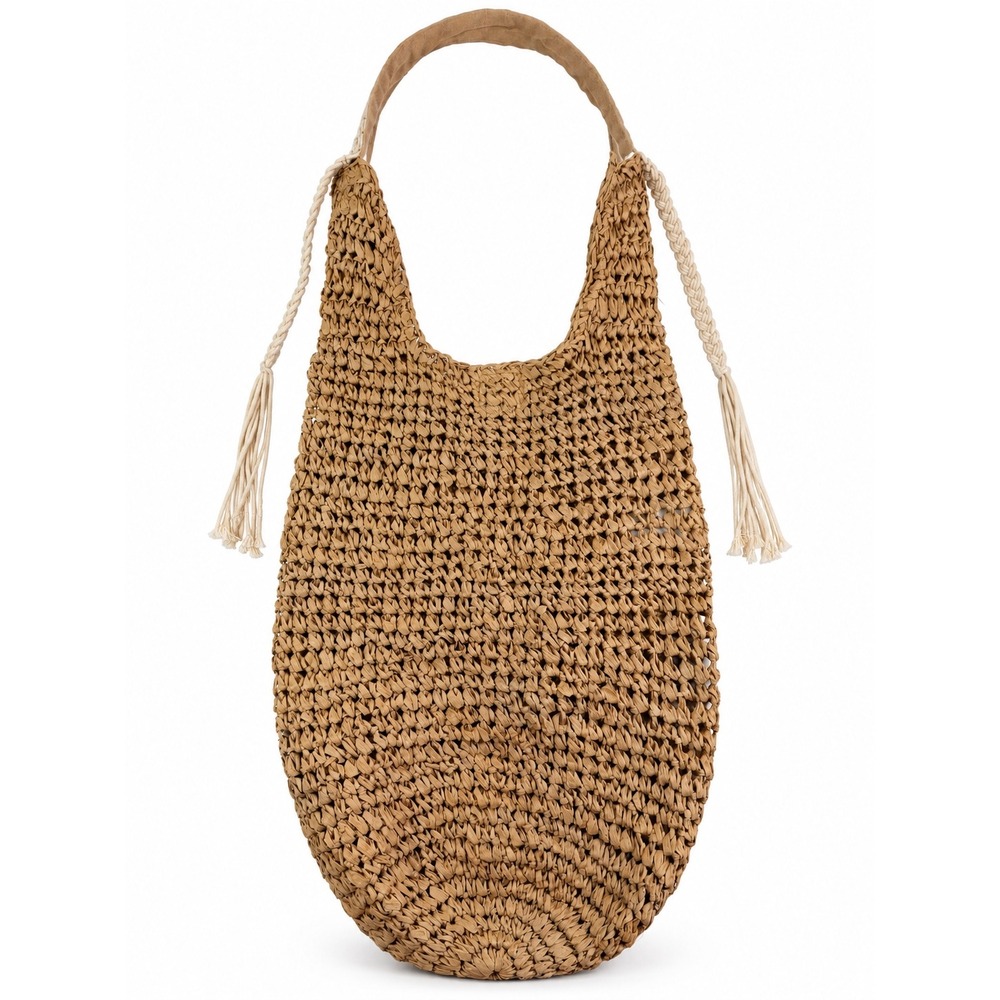 Vintage Y2K Tan Woven Straw Crochet Raffia Hobo Boho Vacation Shoulder Bag Purse
